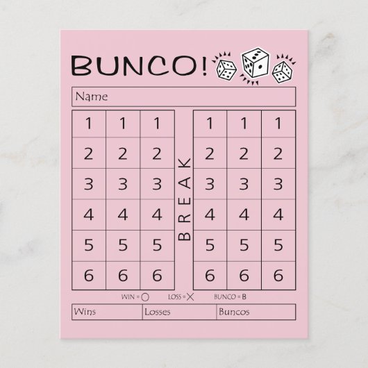 Buncoスコアシート – 個々のサイコロゲーム (正面)