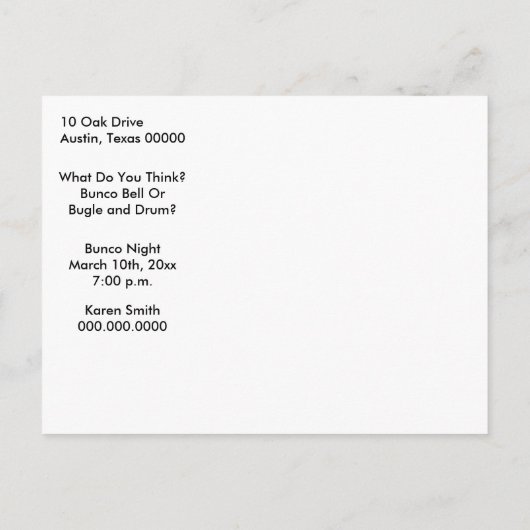 Bunco鐘はいくじなしのBuncoの招待の郵便はがきのためです インビテーションポストカード (裏面)