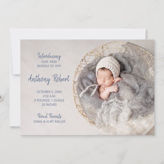 Bundle of Joy男の赤ちゃん写真誕生のお知らせ (正面)