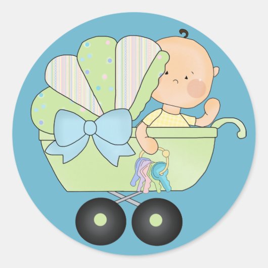 Bundle of Joy ベビーシャワー + かわいいベビーカー/ブルー ラウンドシール (正面)