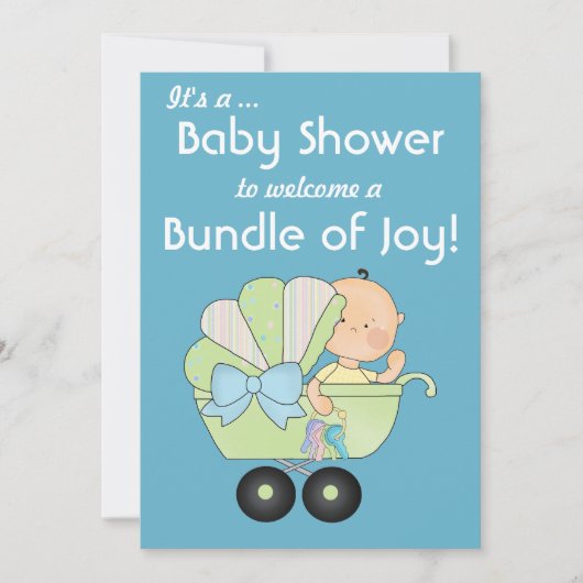 Bundle of Joy ベビーシャワー+かわいいベビーカー/ブルー 招待状 (正面)
