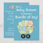 Bundle of Joy ベビーシャワー+かわいいベビーカー/ブルー 招待状 (正面/裏面)