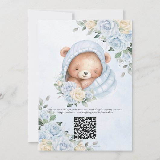 Bundle of Joy Bear Blueフローラボーイベビーシャワー 招待状 (裏面)