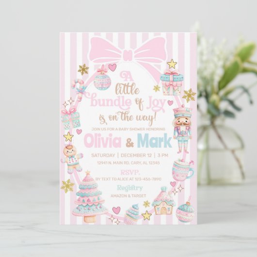 Bundle of Joy Christmas baby shower invite. 招待状 (スタンド正面)