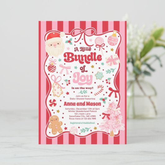 Bundle Of Joy Christmas Coquette Bow Baby Shower 招待状 (スタンド正面)