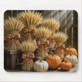 Bundled Wheat Sheaves In Barn With Pumpkins マウスパッド (正面)