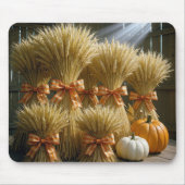 Bundled Wheat Sheaves In Barn With Pumpkins マウスパッド (正面)
