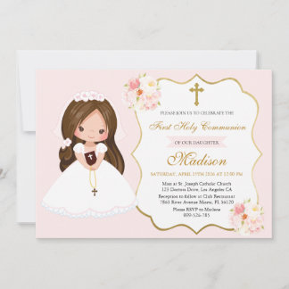 Bunette Girl First Holy Communion Elegant Cute 招待状