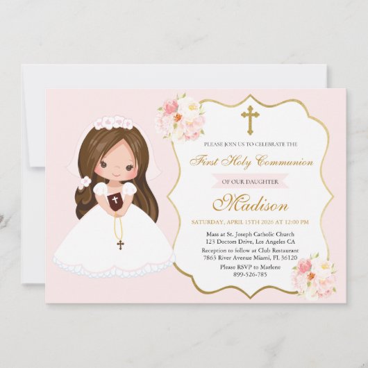 Bunette Girl First Holy Communion Elegant Cute 招待状 (正面)
