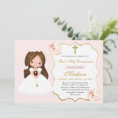 Bunette Girl First Holy Communion Elegant Cute 招待状 (スタンド正面)