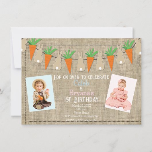 Bunnies & Carrots Easter Birthday Party写真 招待状 (正面)