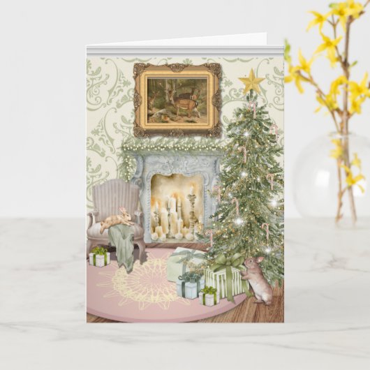 Bunnies Celebrating Christmas Folded Greeting Card カード (黄色い花)