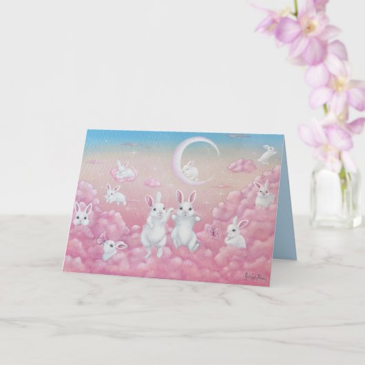 Bunnies in Pink Clouds Whimsical Art カード (蘭)