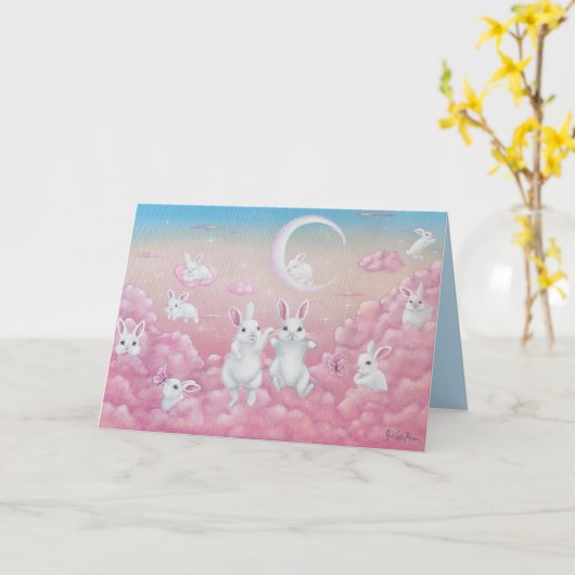 Bunnies in Pink Clouds Whimsical Art カード (黄色い花)