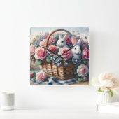 Bunnies Nestled Among Cottage Roses スクエア壁時計 (ホーム)