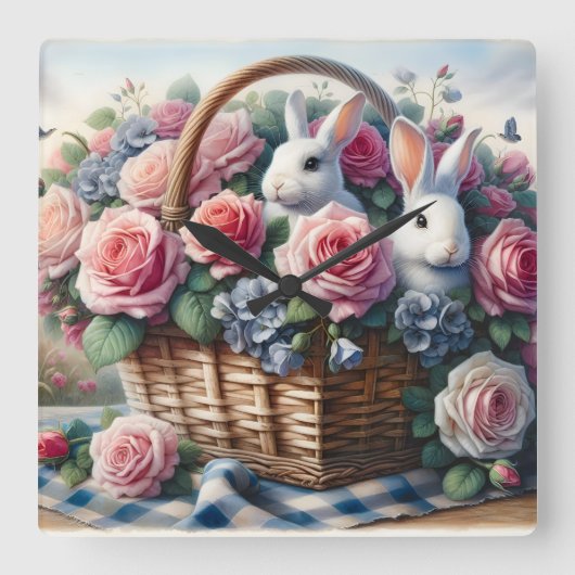 Bunnies Nestled Among Cottage Roses スクエア壁時計 (正面)