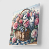 Bunnies Nestled Among Cottage Roses スクエア壁時計 (傾斜)
