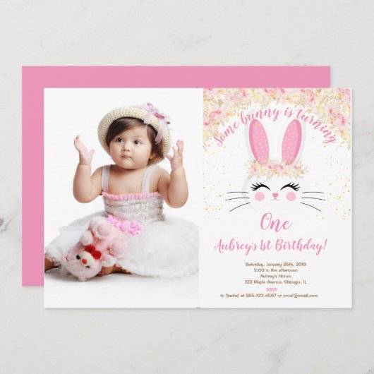Bunny誕生日の写真の招待ピンクと金ゴールド1st 招待状 (正面/裏面)