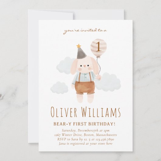 bunny 1st birthday blue balloon 招待状 (正面)