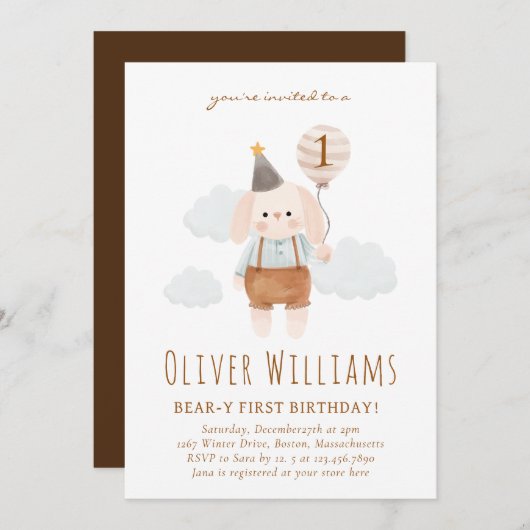 bunny 1st birthday blue balloon 招待状 (正面/裏面)