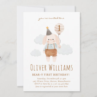 bunny 1st birthday blue balloon 招待状