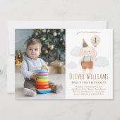 bunny 1st birthday blue balloon 招待状 (正面)