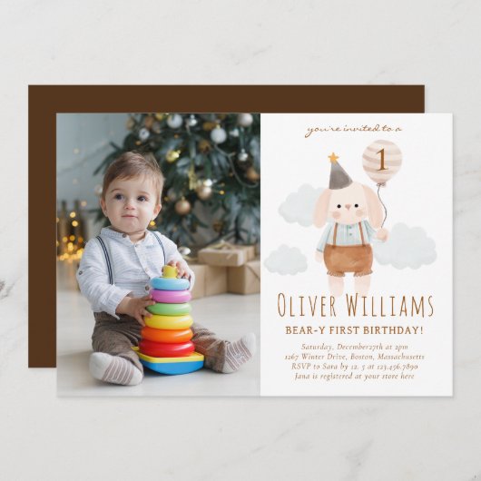 bunny 1st birthday blue balloon 招待状 (正面/裏面)