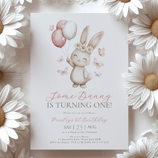 Bunny 1st Birthday Daisy Balloon Butterfly 招待状