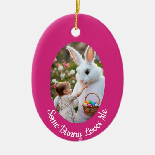 Bunny and Child photo pink blue Oval Frame Easter セラミックオーナメント (正面)