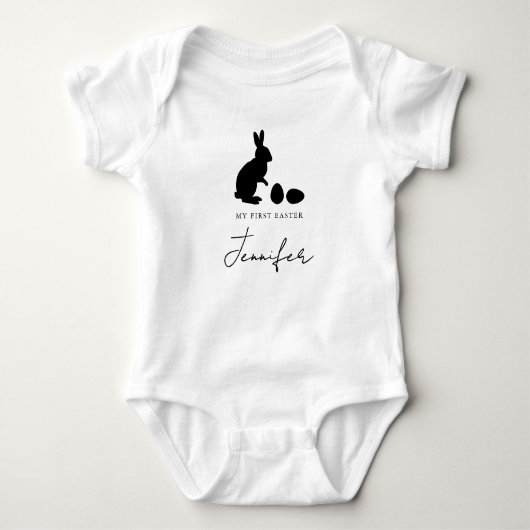 Bunny And Eggs In Black With Name My First Easter ベビーボディスーツ (正面)