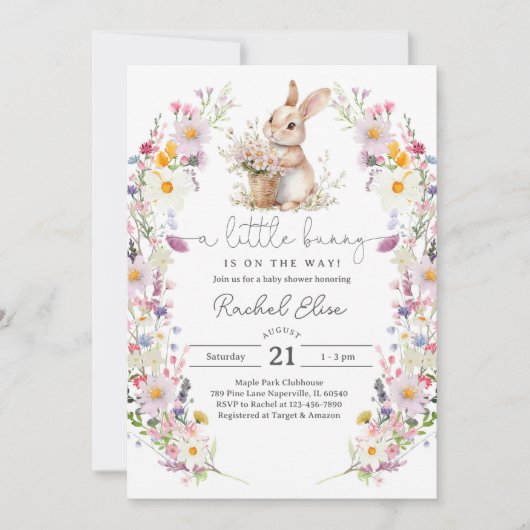 Bunny Baby Shower Invite, Wildflower Spring Design 招待状 (正面)