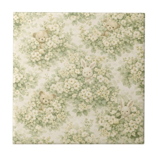 Bunny Bear Floral Garden Neutral Green Pattern タイル (正面)