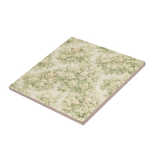 Bunny Bear Floral Garden Neutral Green Pattern タイル (側面)