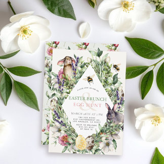 Bunny & Bee Greenery Rhombus Easter Brunch 招待状