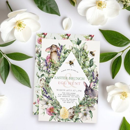 Bunny & Bee Greenery Rhombus Easter Brunch 招待状