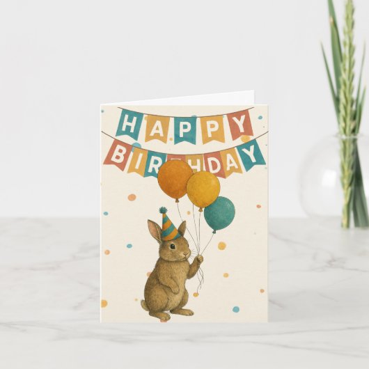 Bunny Birthday Card – Cute Party Animal カード (正面)