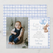 Bunny Blue Balloons Photo 1st Birthday Party サンキューカード (正面/裏面)