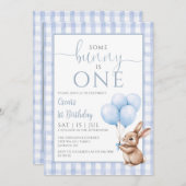 Bunny Blue Balloons Photo 1st Birthday Party 招待状 (正面/裏面)