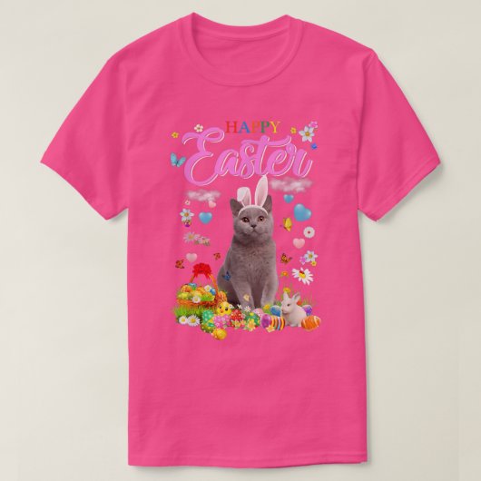 Bunny British Shorthair Cat Happy Easter Eggs Tシャツ (デザイン正面)