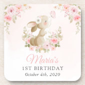 Bunny, Butterfly, Pink Flowers, First Birthday コースター (正面)