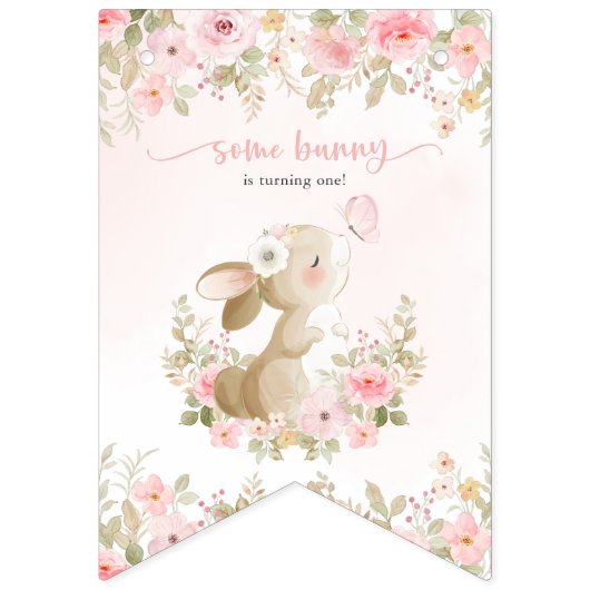 Bunny, Butterfly, Pink Flowers, First Birthday バンティングフラッグ (第1の旗)