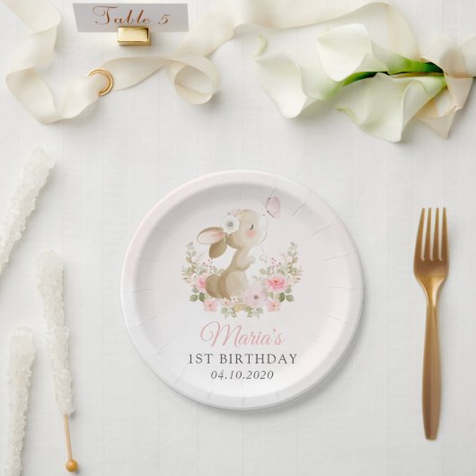 Bunny, Butterfly, Pink Flowers, First Birthday ペーパープレート (ウェディング)