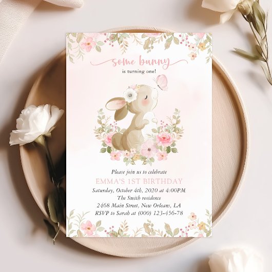 Bunny, Butterfly, Pink Flowers, First Birthday 招待状
