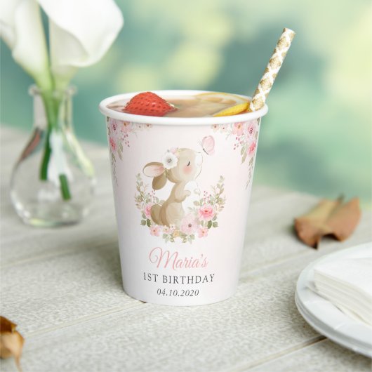 Bunny, Butterfly, Pink Flowers, First Birthday 紙コップ (インサイチュ)