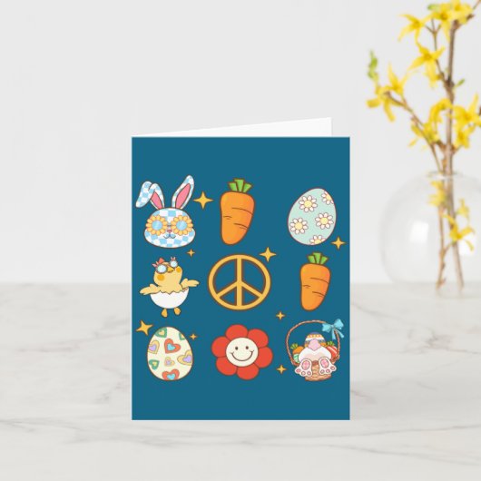 Bunny Carrot Easter Egg Retro Groovy Easter Day  カード (黄色い花)