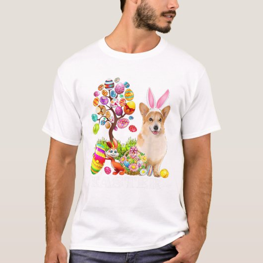 Bunny Corgi Dog Happy Easter Eggs Tシャツ (正面)