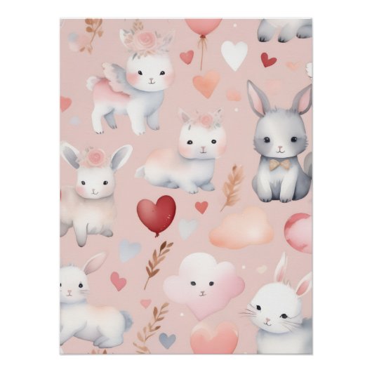 Bunny Cupid Nursery Art – Watercolor Blush Pink ポスター (正面)