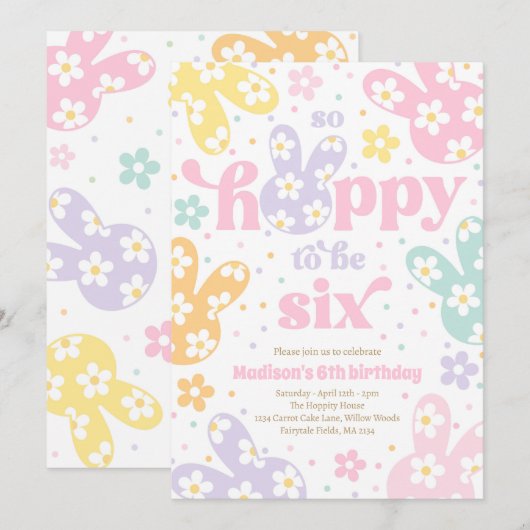Bunny Daisy Floral Pastel Spring 6th Birthday 招待状 (正面/裏面)