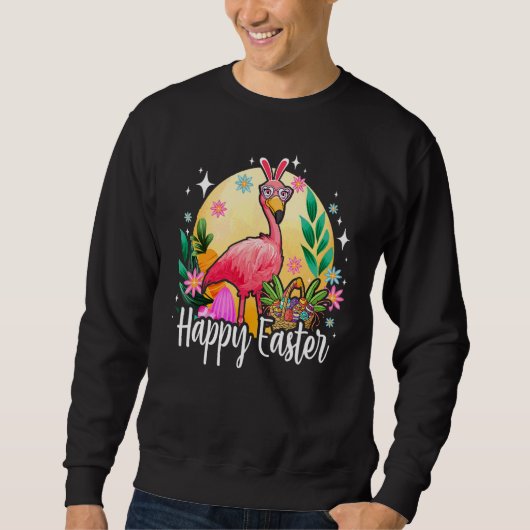 Bunny Ear Flamingo with Easter Egg Basket Happy Ea スウェットシャツ (正面)