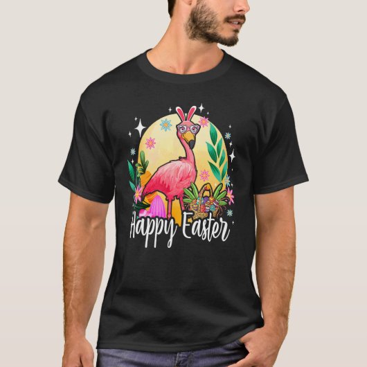 Bunny Ear Flamingo with Easter Egg Basket Happy Ea Tシャツ (正面)